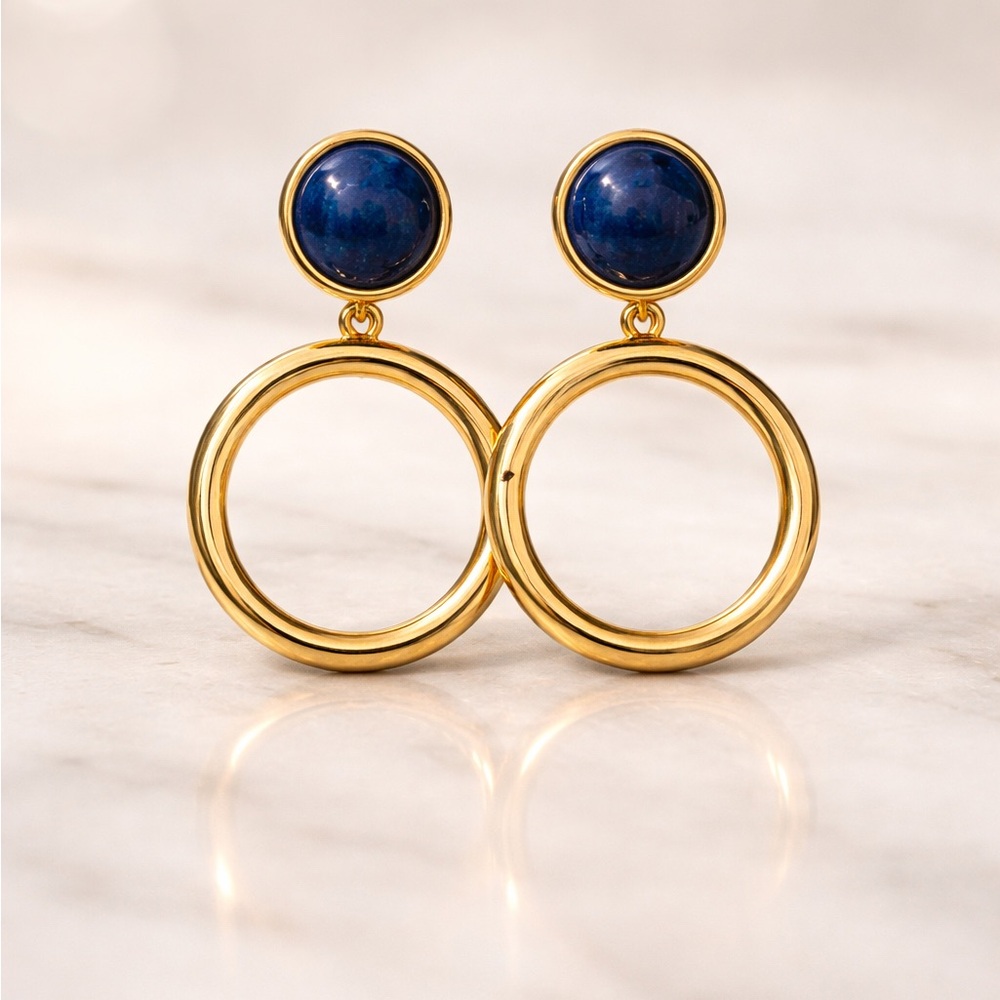 Gold Tone Blue Stone Statement Hoop Earrings Elegant Vintage Style